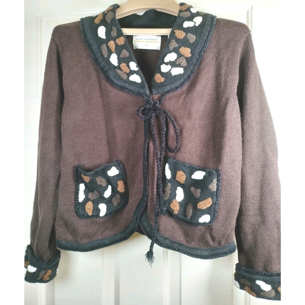 Lisa Nichols Vintage 90s Brown Embellished Knit Cardigan L